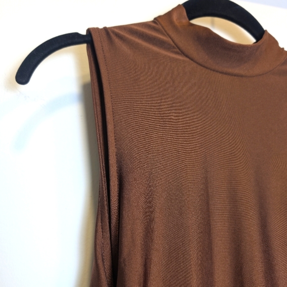 Brown Sleeveless Mock Neck Ruched Bodycon Midi Cocktail Dress Size Medium - Picture 3 of 6